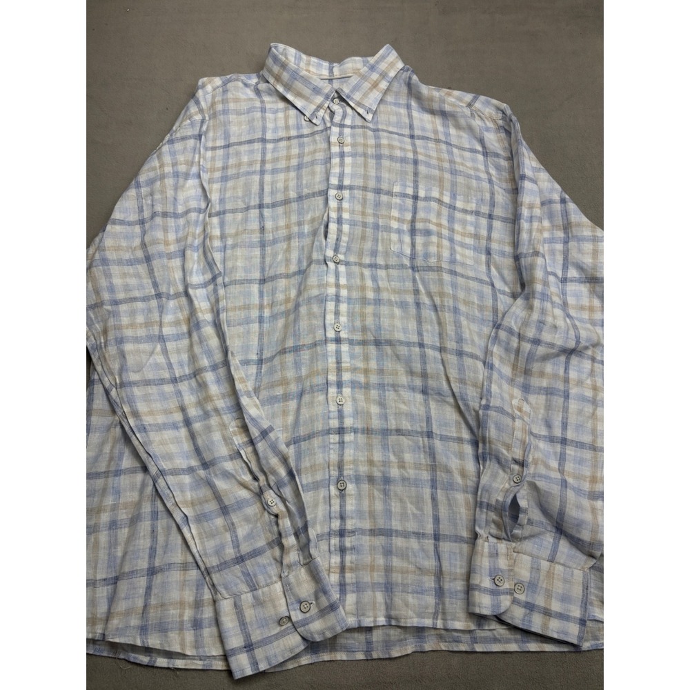 Peter Millar Mens XL Blue Tan Plaid 100% Linen Button Down Shirt Long Sleeve